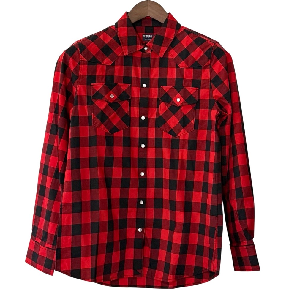 Untuckit Shirt Womens 8/M Hailey Cotton Red Buffalo Plaid Pearl Snap Buttons
